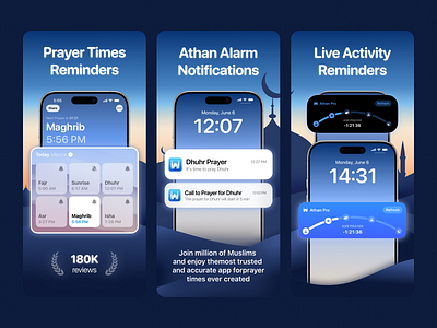 Athan Pro Screenshots Design app app store athan branding clean creative design figma graphic design illustration ios iphone mobile modern muslim quran screenshots typography ui vvisual