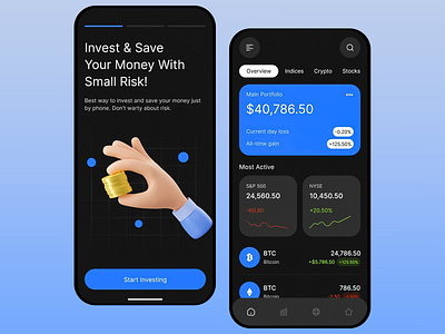 Modern Investment Portfolio Management App blue dark theme creative crypto investment app crypto tracking data visualization finance financial management financial performance interactive investment app investment portfolio investment tools mobile app modern modern ui design portfolio tracker real time analytics stock market stock trading interface trading platform design
