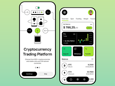 UI Design of Crypto Trading App app design asset tracking balance manager clean user interface crypto wallet design cryptocurrency app digital wallet app finance app ui financial overview fintech application green and black theme minimal interface mobile mobile finance design mobile trading app modern portfolio management trading history trading platform user friendly app