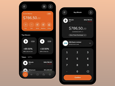 Streamlined Crypto Wallet App analytics asset management crypto portfolio crypto tracking crypto wallet cryptocurrency assets dark mode digital banking finance app financial technology interactive design minimal design mobile finance mobile finance app modern ui orange color theme trading app trading platform transaction management user friendly interface