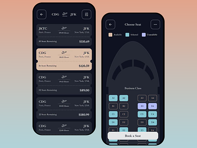 Flight Ticket Booking App airline app airplane seating chart booking system business class seats dark theme flight booking flight search interactive ui minimalist design mobile ticketing mobile ui design modern app design seat map ui seat selection ticket price display ticket reservation travel app design travel booking app travel interface user experience