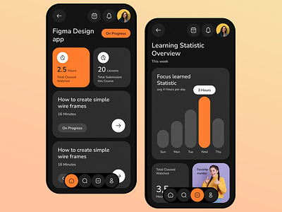 Figma Design Mobile Platform app course course submission app creative design edu educational interactive learning platform learning learning app ui learning hours overview mobile mobile app design mobile education app modern modern learning statistics online online education platform orange theme ui user friendly interface