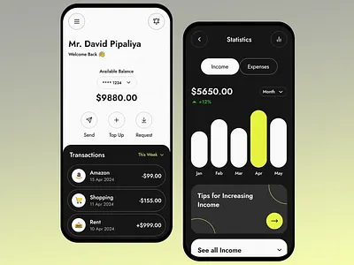 Finance Mobile App account summary bar chart budget management clean interface dark and light theme expense tracking finance app finance app screen financial financial goals income overview minimalist design modern typography money management personal budgeting statistics overview transaction list uiux design user friendly app yellow highlights