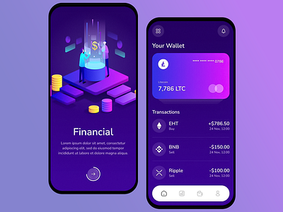 Finance Management Mobile App app creative crypto market analytics crypto wallet ui dark theme app design digital wallet interface finance finance app financial app design gradient color scheme litecoin wallet minimal financial design mobile mobile wallet interface modern modern cryptocurrency app price transaction history ui wallet balance display