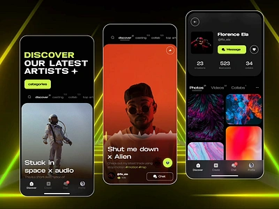 Creavo: Create & Connect with Artists appdesign boldtypography creativeapp darktheme futuristicui interactiveui neon social socialapp uiux userprofile visualdesign