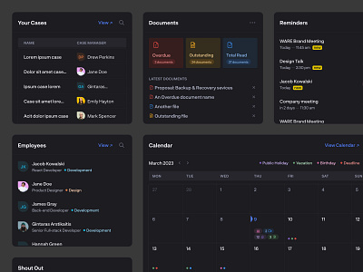 HR Management – Dark Mode calendar complex design systems dark mode design system figma hr platform product design reminders widgets