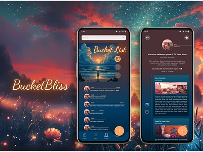 BucketBliss - A Sunrise to Begin Your Dreams (Bucket List App) app app concept app development appdesign branding bucket list app design inspiration dream app ui glowing ui goal planner ui graphic design interactive design modern ui concept note taking app product design productivity and goal app sunrise ui ui design ux design