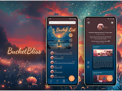 BucketBliss - A Sunrise to Begin Your Dreams (Bucket List App) app app concept app development appdesign branding bucket list app design inspiration dream app ui glowing ui goal planner ui graphic design interactive design modern ui concept note taking app product design productivity and goal app sunrise ui ui design ux design