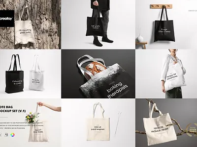 Tote Bag Mockup Set (v.1) bag mockup set creator creatsy custom customizable design designed generator mock up mock ups mockup mockup set mockups pattern patterns personalized smart object template templates tote bag mockup set