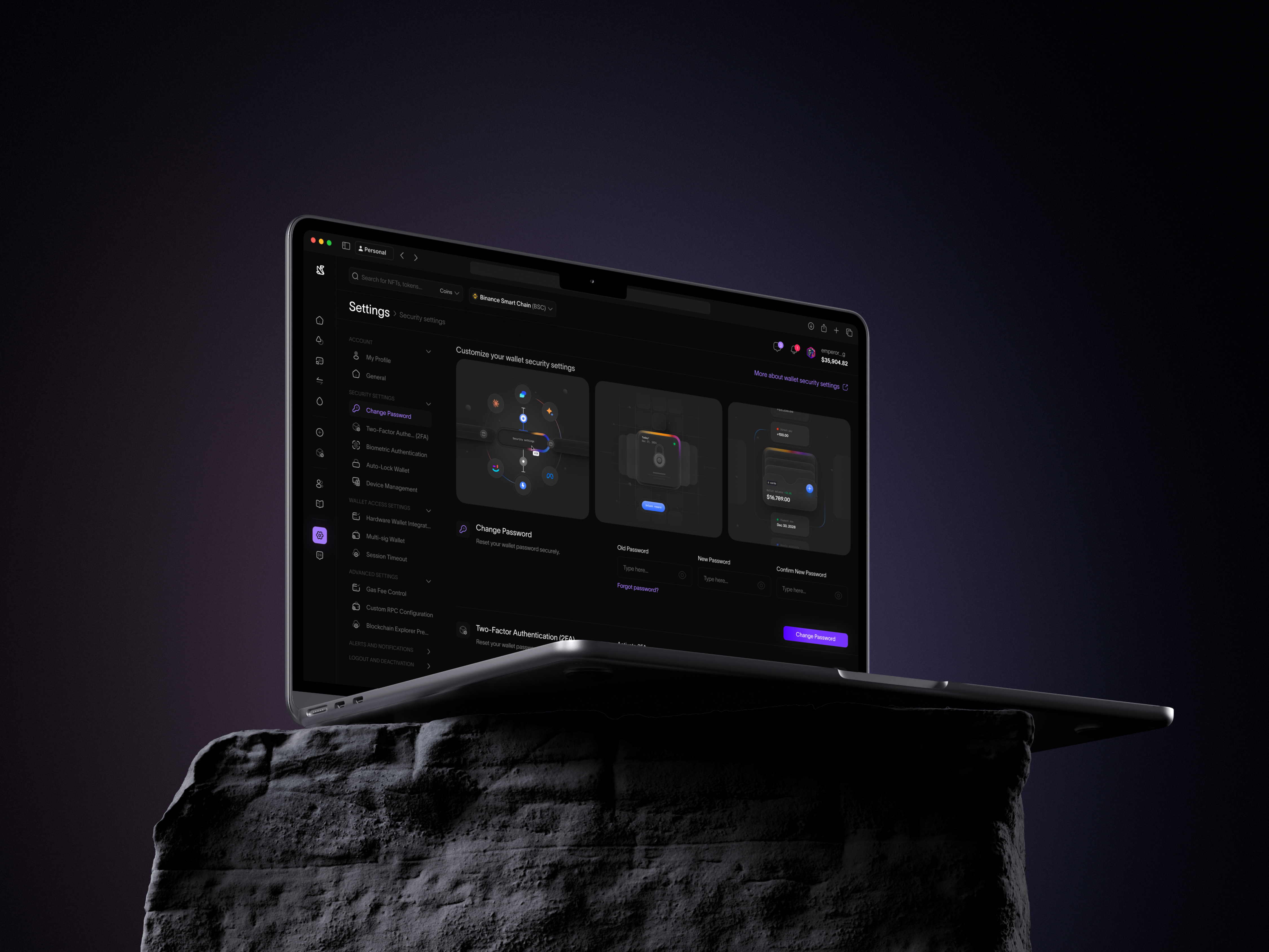 Settings page for managing Web3 wallet security. airdrop blockchain crypto design settings token ui ux web3 web3 settings