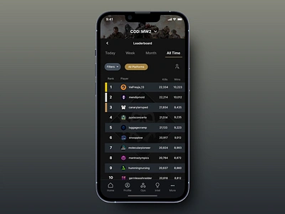 COD: MW2 Leaderboard Design app app design app ui app ux cod dark mode design game stats gaming leaderboard mobile mobile app design mobile ui mobile ux modern mw2 ui ui design ux design visual design