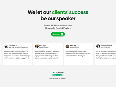 Testimonials website section green landing page landing page saas modern music saas tech testmonials ui ui design web design website