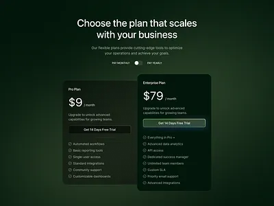 Pricing page gradient clean dark mode green modern pricing saas tech ui ui website uxui website website design