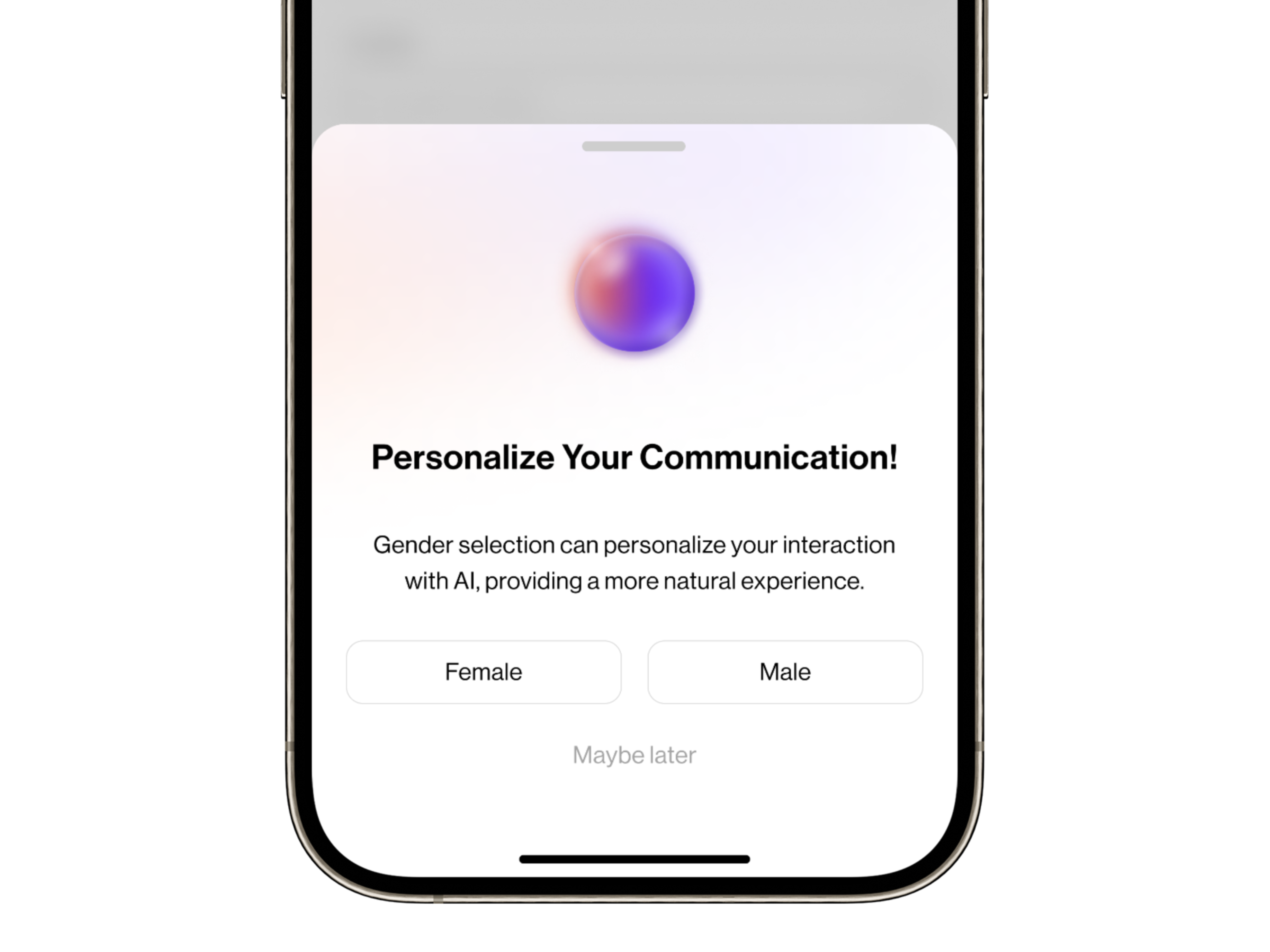 AI Communication Personalization - Bottom Sheet ai app application artifical intelligence bottom sheet design gender mobil mobile personalization ui ux uygulama yapay zeka