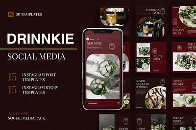 Drinkie - 30 Instagram Post & Story Template banner food instagram media minimalist modern post red sale social story template templates website