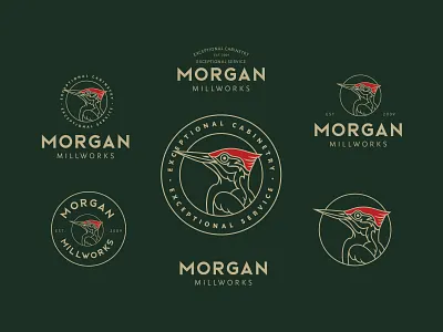 Morgan Millworks: Logo Configuration badge badge design badge logo bird brand identity branding cabinetary design furniture logo geometric illustration line lineart logo logo configurations logo lockup monoline wood logo wood working woodpecker