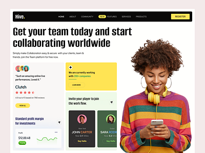 Hive Team Collaboration Web Design agency business company creativedesign designinspiration figmadesign graphic design hive interfacedesign it landingpage morderndesign newdesign teamcollaboration tech trending uiuxdesign webdesign website webui