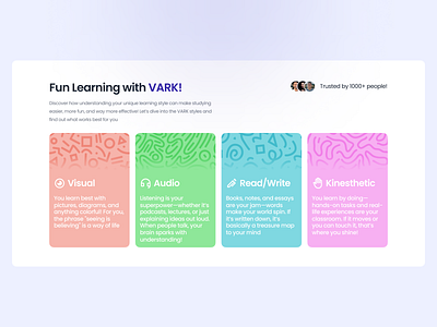 VARK Introduction Section 👀🎧📝🙌🏻 e learning education landing page learn school section ui ui design vark website