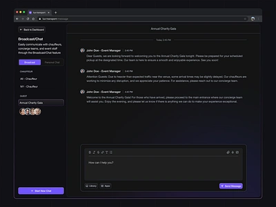Lux Transport - Message Dashboard bus car chat clean dark mode dashboard design list luxury message minimalist rent room chat transport ui ux web design website