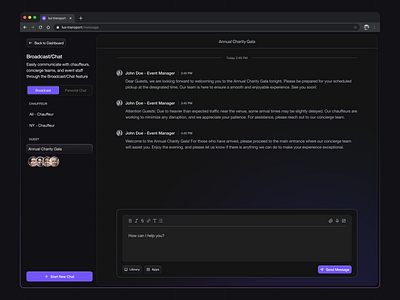 Lux Transport - Message Dashboard bus car chat clean dark mode dashboard design list luxury message minimalist rent room chat transport ui ux web design website