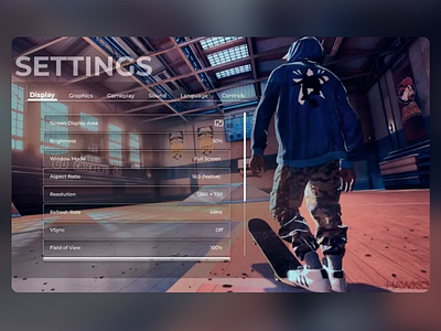 Skate Game Settings Menu design display game design game play game settings game ui gaming homepage landing page landing page design landing page ui settings menue skateboarding ui ui design ux ux design web design web ui web ux