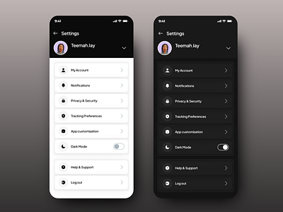 App Customization - Settings Screen account app app design app options app ui app ux customization dark mode design mobile ui mobile ux personalized experience privacy security settings menu tracking preferences ui ui design user interface design ux ux design