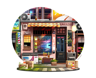 Arcade cafe 🕹☕️ arcade artdirection behance deco dribbblers facade gaming gradient illustration japan light neon nintendo photoshop place poster print shop travel world