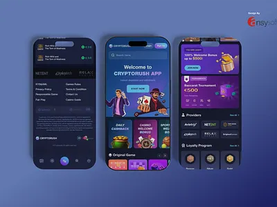 The mobile app named "Cryptorush" has been designed by Ansysoft adobephotoshop casinogames casinogamesonline convenientgaming cryptorush easynavigation freshdesign intuitivedesign mobileapp mobilecasino mobilegaming moderndesign onlinecasino onlinegaming seamlessgaming sportsbetting sportsbettingonline userfriendly