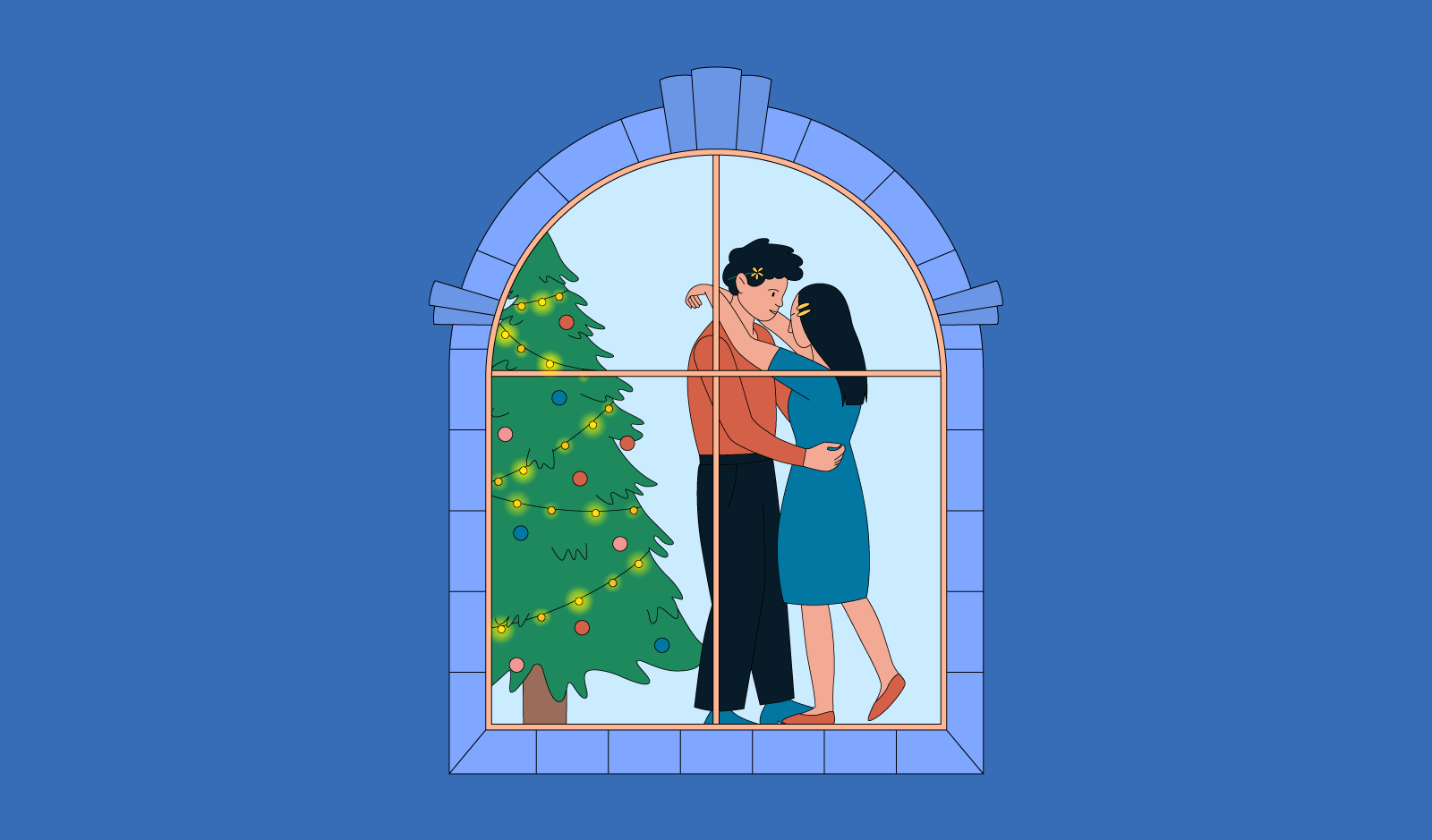 Dancing couple advent calendar christmas christmas tree couple dancing people illustration window