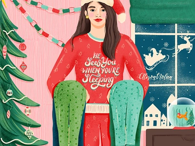 Pets and Pyjamas character design design digital illustration drawing challenge editorial design family christmas female illustrator female portrait festive art hand drawn hand lettering magazine illustration pets and pyjamas procreate santa claus is coming to town