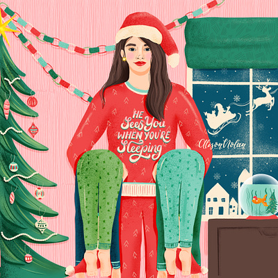 Pets and Pyjamas character design design digital illustration drawing challenge editorial design family christmas female illustrator female portrait festive art hand drawn hand lettering magazine illustration pets and pyjamas procreate santa claus is coming to town