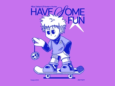 Killua ⚡🪀🟪 anime blue branding fan art halftone hunter x hunter illustration killua motivation poster purple retro simple star white