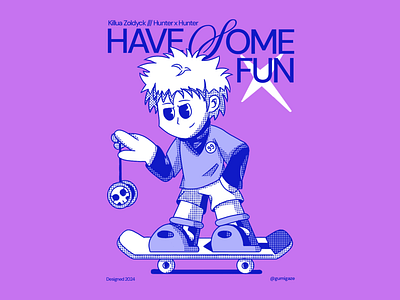 Killua ⚡🪀🟪 anime blue branding fan art halftone hunter x hunter illustration killua motivation poster purple retro simple star white