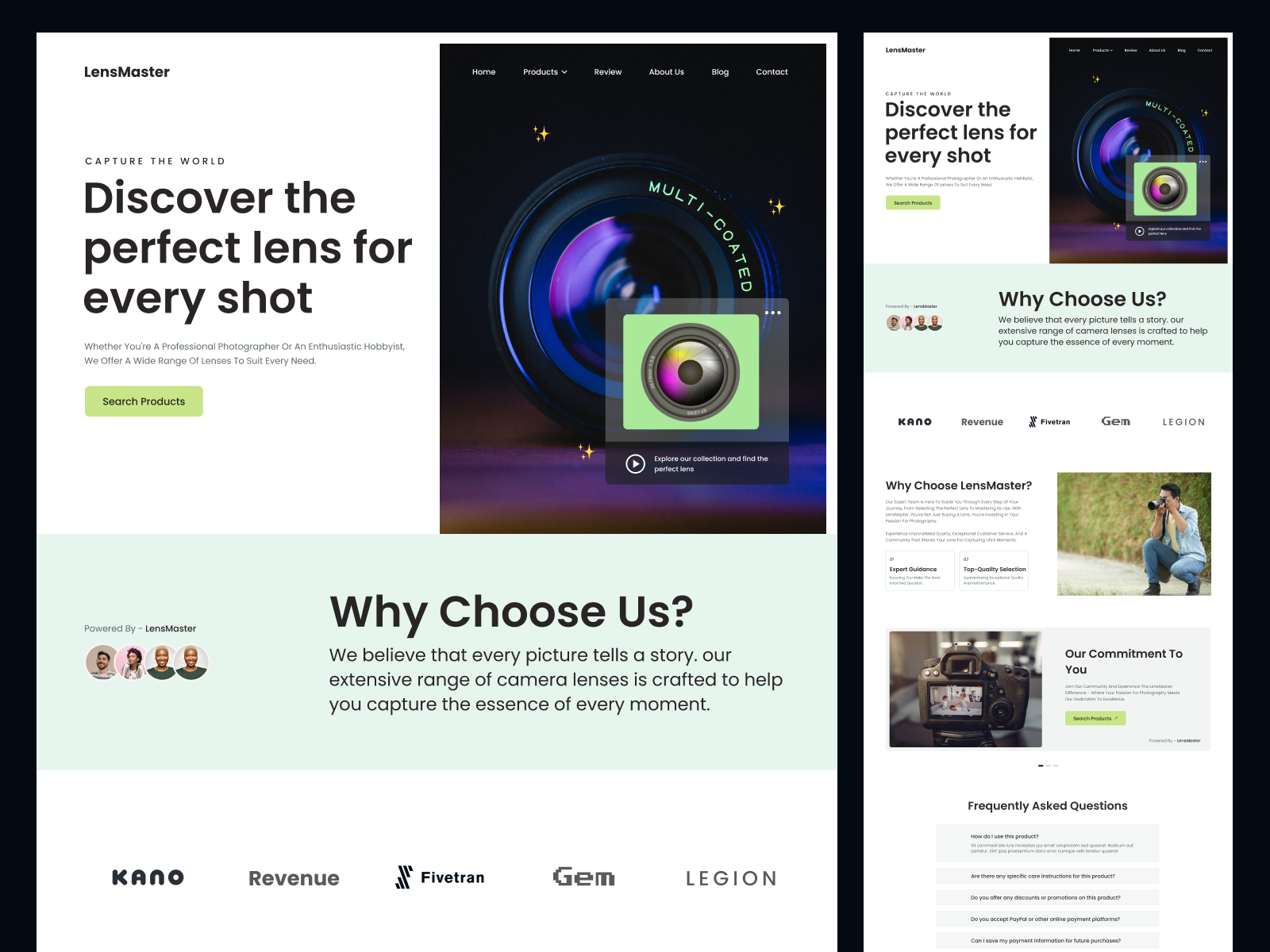 LensMaster || Product Landing Page camera design ecommerce events freelance gadget landing page lense photography product purchase remote shoot shot snap task trending ui web design