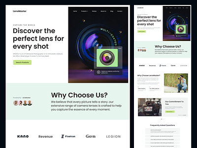 LensMaster || Product Landing Page camera design ecommerce events freelance gadget landing page lense photography product purchase remote shoot shot snap task trending ui web design