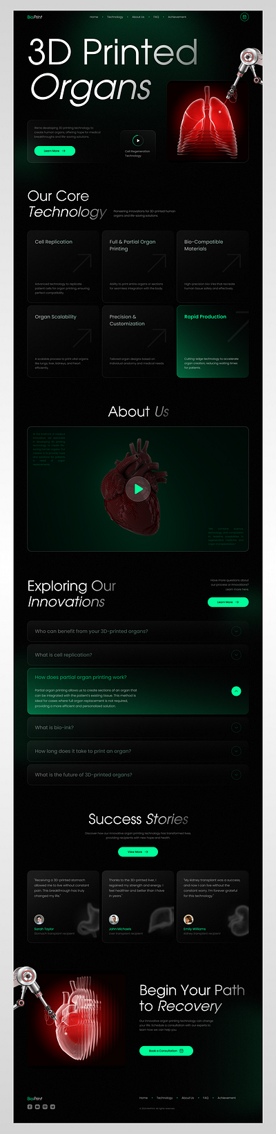 BioPrint - 3D Organ Printing Landing Page 3d bio business company healthcare home hospital landing page printing technology ui uxui website