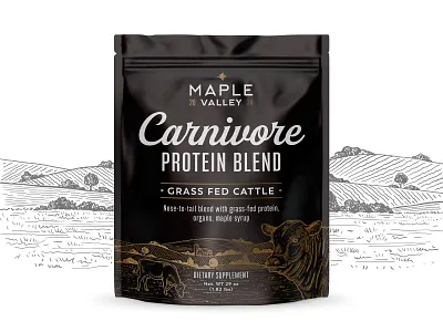 Packaging for protein blend beef branding cow drawing farm fields graphic design illustration landscape organic protein vintage
