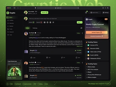 Crypto Dashboard - Home/Feed analytics banking charts crypto dashboard crypto exchange] crypto startup crypto trading crypto webapp feed financial dashboard financials futuristic social trading trading ui web web design web3 web3 dashboard webapp