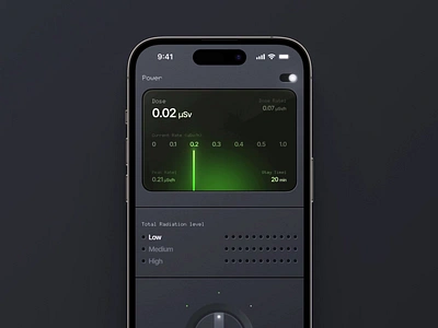 Dosimeter iOS app design & animation ☢️ animation app application dark design device dosimeter figma graphic design green illustration minimal mobile motion graphics nuclear radiation skeumorphism ui ui ux ux