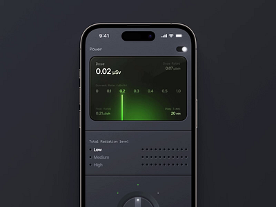 Dosimeter iOS app design & animation ☢️ animation app application dark design device dosimeter figma graphic design green illustration minimal mobile motion graphics nuclear radiation skeumorphism ui ui ux ux