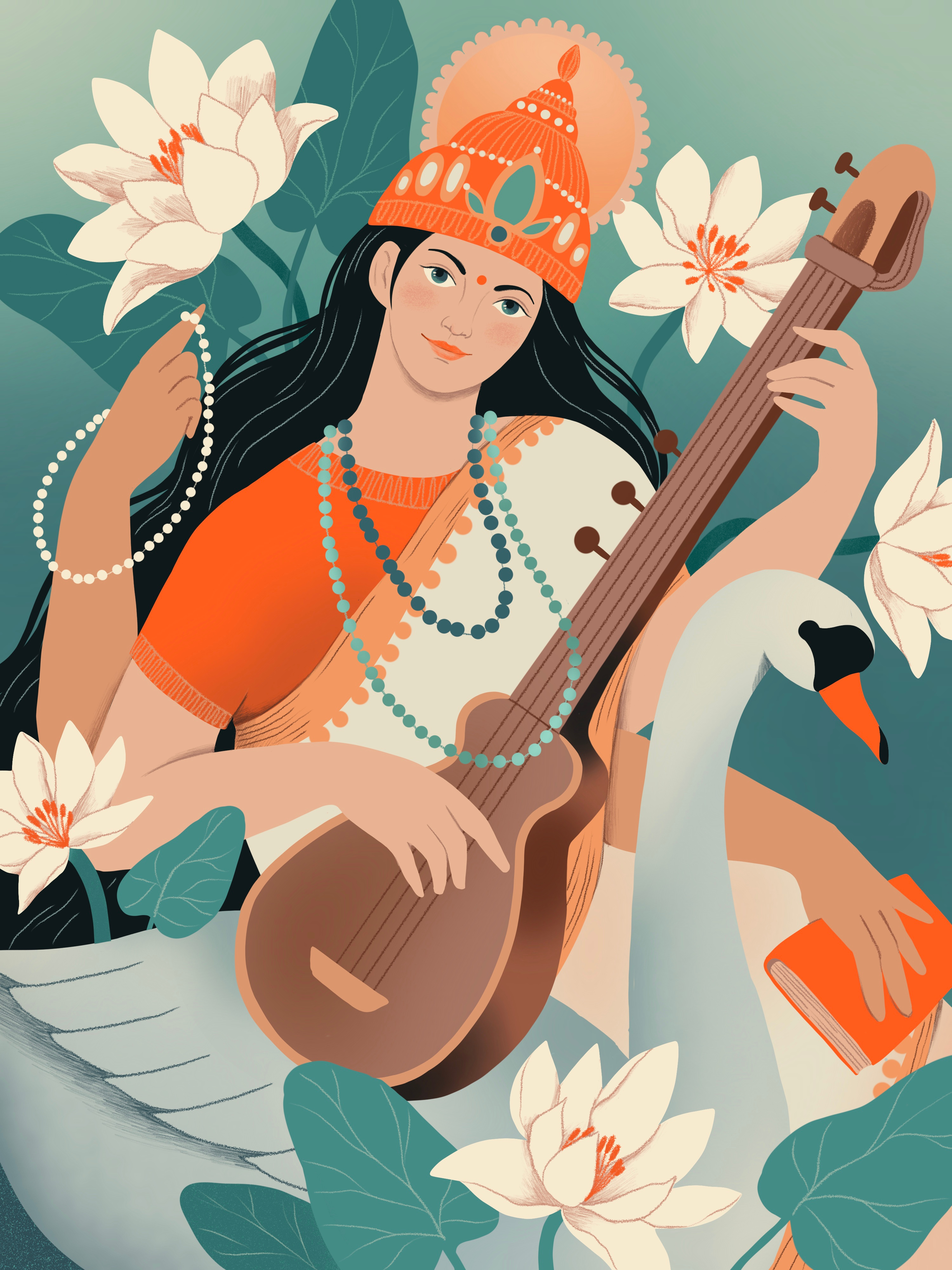 Saraswati: Hindu goddess: hand drawn illustration art digital female goddess hand drawn illustration indian magic mystic mythology procreate