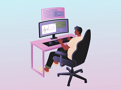 Male programmer writing program code 2d after effects animation character animation character design code desktop developer freelancer illustration male man man coding man working motion graphics program code programmer software developer work desk