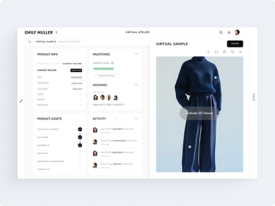 Virtual Atelier for 3D fashion garment development b2b saas clean collbration ui design system fashion tech product management saas ui workflow ui