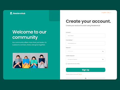 ReadersHub - Create account account creation books design landing page landing page design modern design online community readers hub reading registration form signup form ui user interface ux web web development web ui web ux website website design