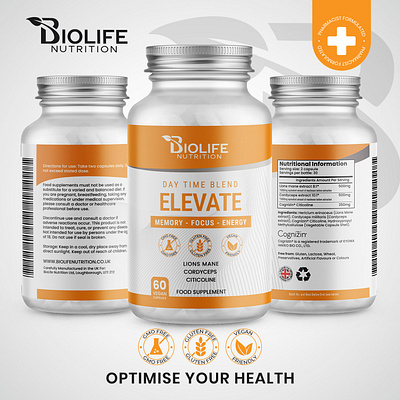 Elevate Focus Supplement day time blend energy supplement focus supplement label design memory supplement product packaging supplement supplement label supplement label design