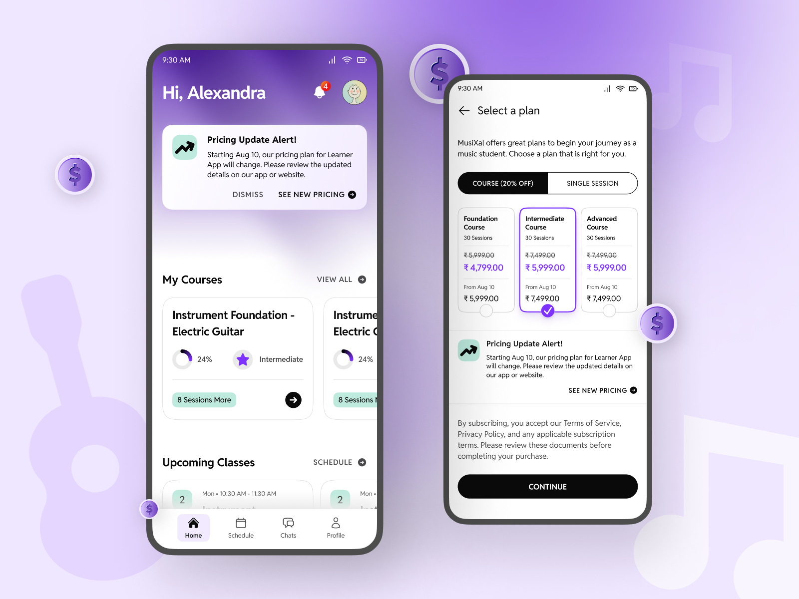Music App - Pricing case study dashboard mobile mobile design music learning musical musixal pricing app pricing plan purple