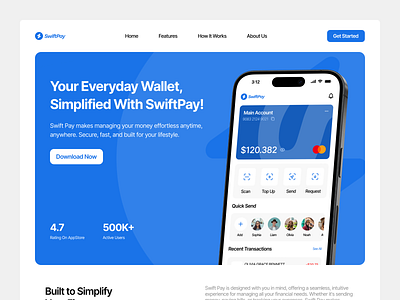 SwiftPay - E Wallet Landing Page appdesign appui cleandesign e wallet ewallet financialapp fintech landingpage landingpagedesign minimaldesign mobileappdesign productdesign ui uiuxdesign userinterface ux webdesign