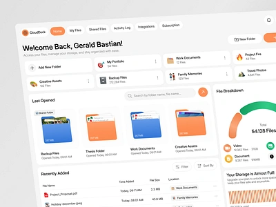 CloudDock - Cloud Storage Management Dashboard bento style clean design cloud cloud dashboard cloud storage dashboard design file folder storage storage dashboard ui ui design uiux ux