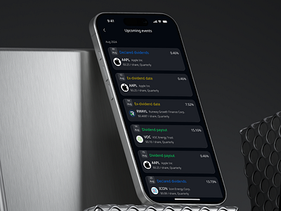 Investment Portfolio Tracker | Dividend Events analytics daily ui dark mode dashboard designinspiration financeapp fintech fintechui interactiondesign investmentui minimaldesign mobileapp tradingapp ui ui trends ux
