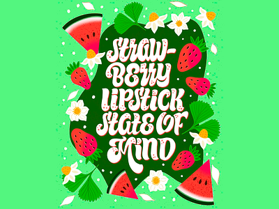 Summer Fruit Typography Poster bold typography colorful decorative design floral and fruit theme fresh green fruits fruity design fun design green background nature inspired retro aesthetics retro style strawberry theme summer summer vibes typography vibrant colors watermelon watermelon theme